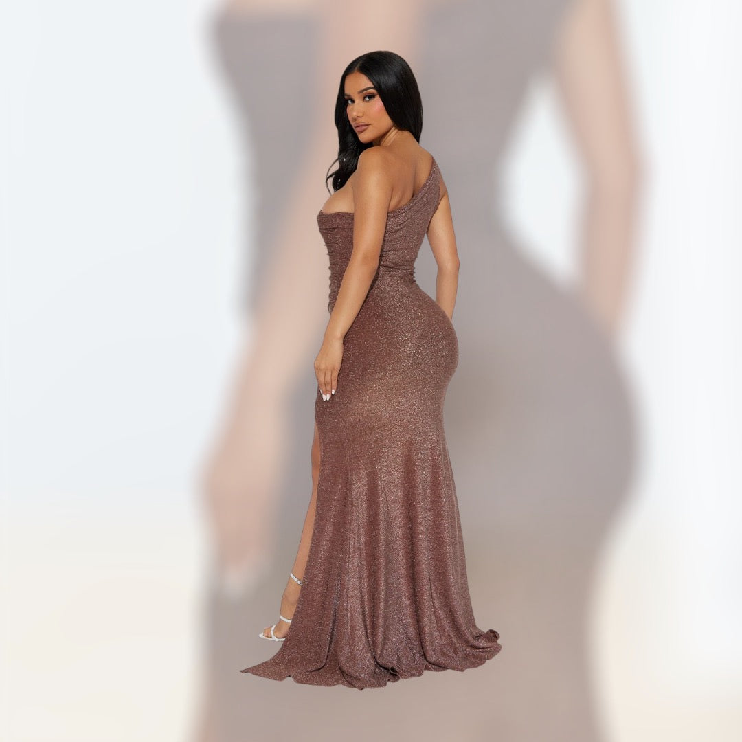 Stella One Shoulder Lurex Maxi Dress - Bronze