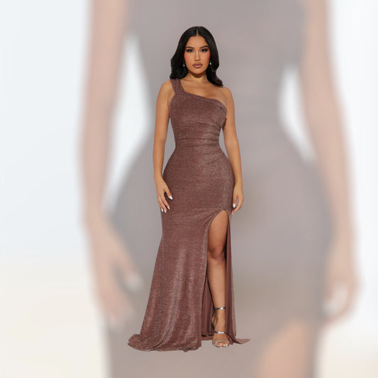 Stella One Shoulder Lurex Maxi Dress - Bronze