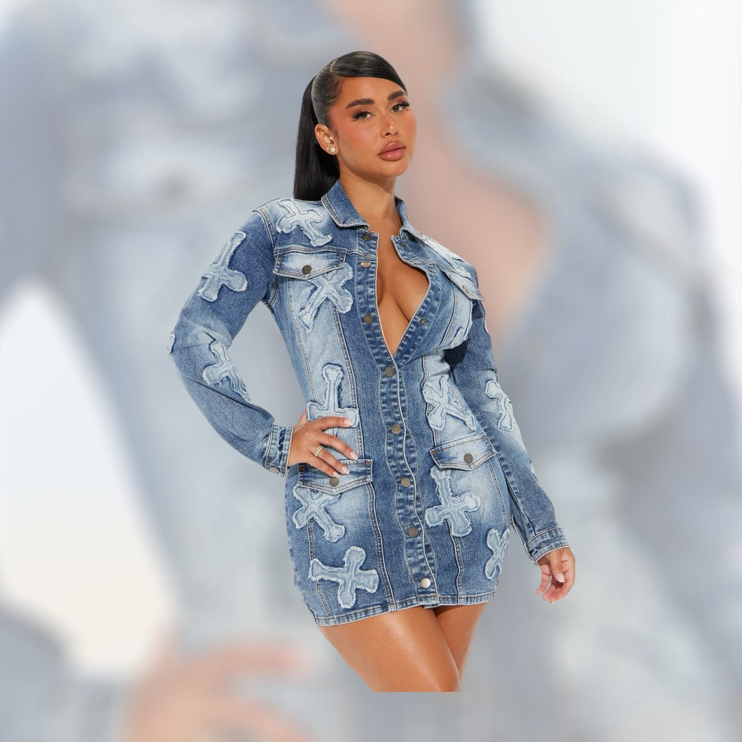 Never Too Extra Denim Mini Dress- Medium Wash