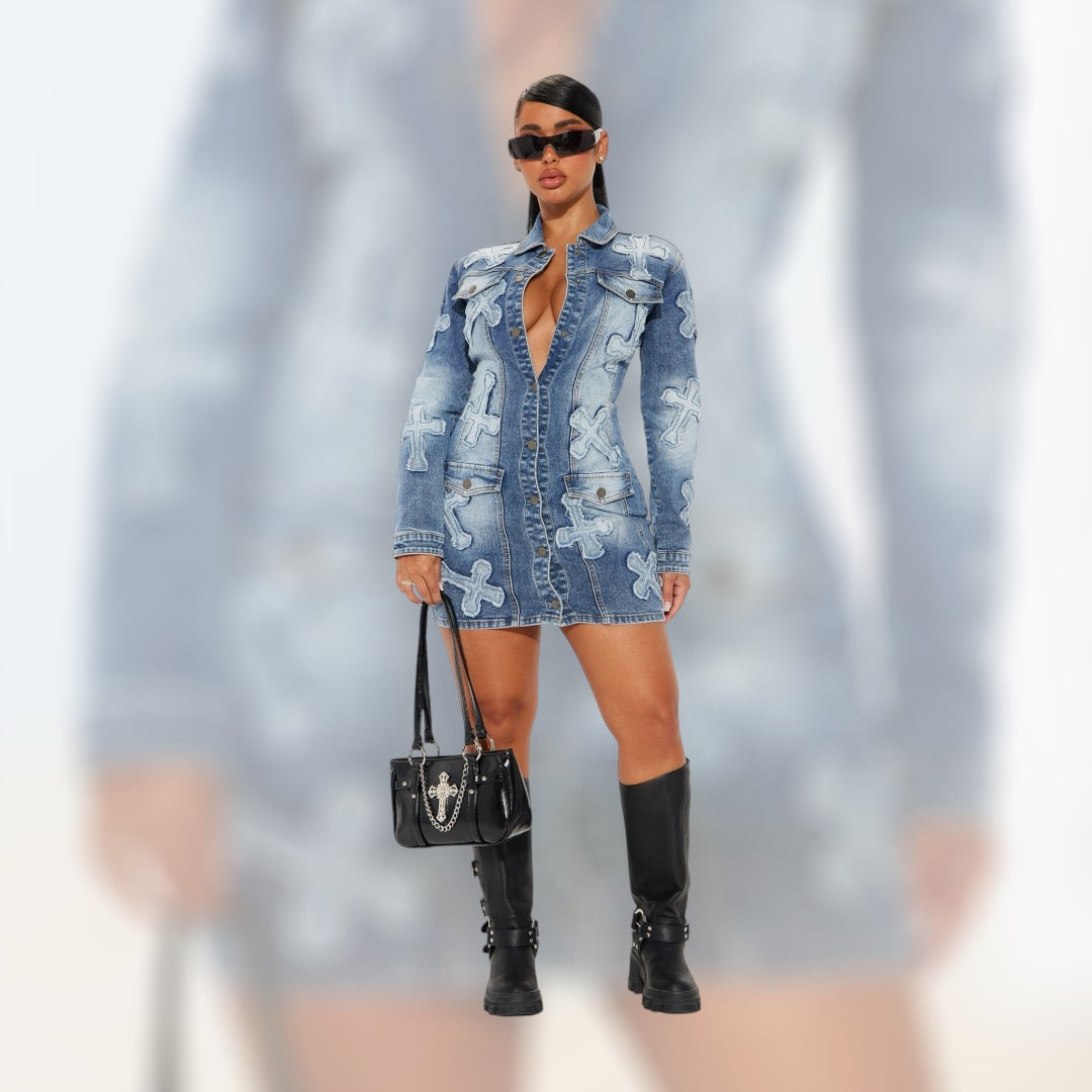 Never Too Extra Denim Mini Dress- Medium Wash