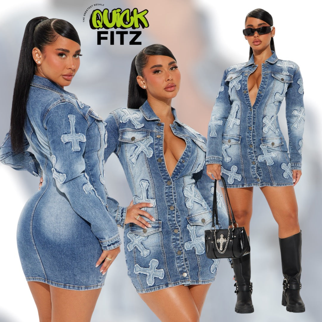 Never Too Extra Denim Mini Dress- Medium Wash